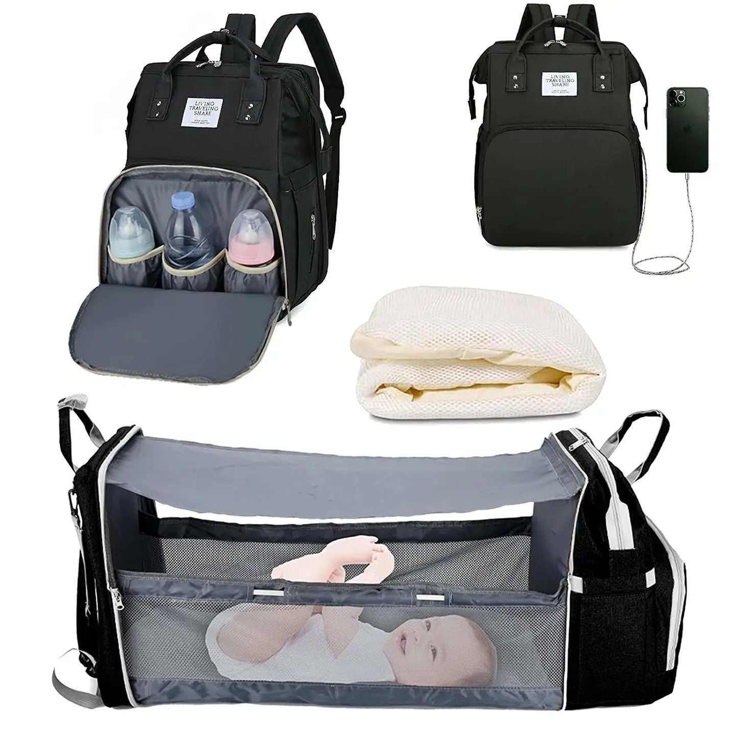 3-in-1 Diaper Bag Backpack with Foldable Baby Bed & USB Charging Port