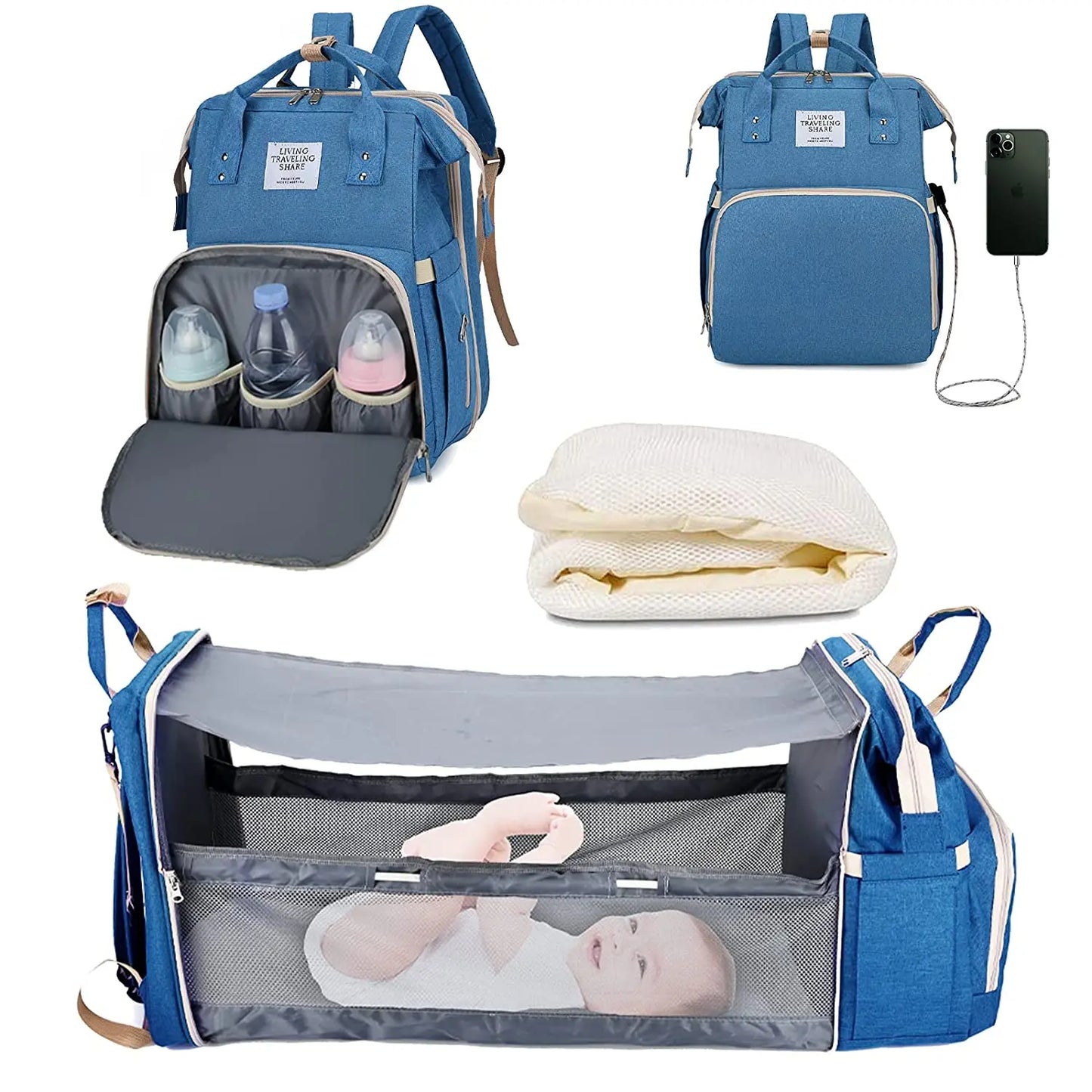 3-in-1 Diaper Bag Backpack with Foldable Baby Bed & USB Charging Port
