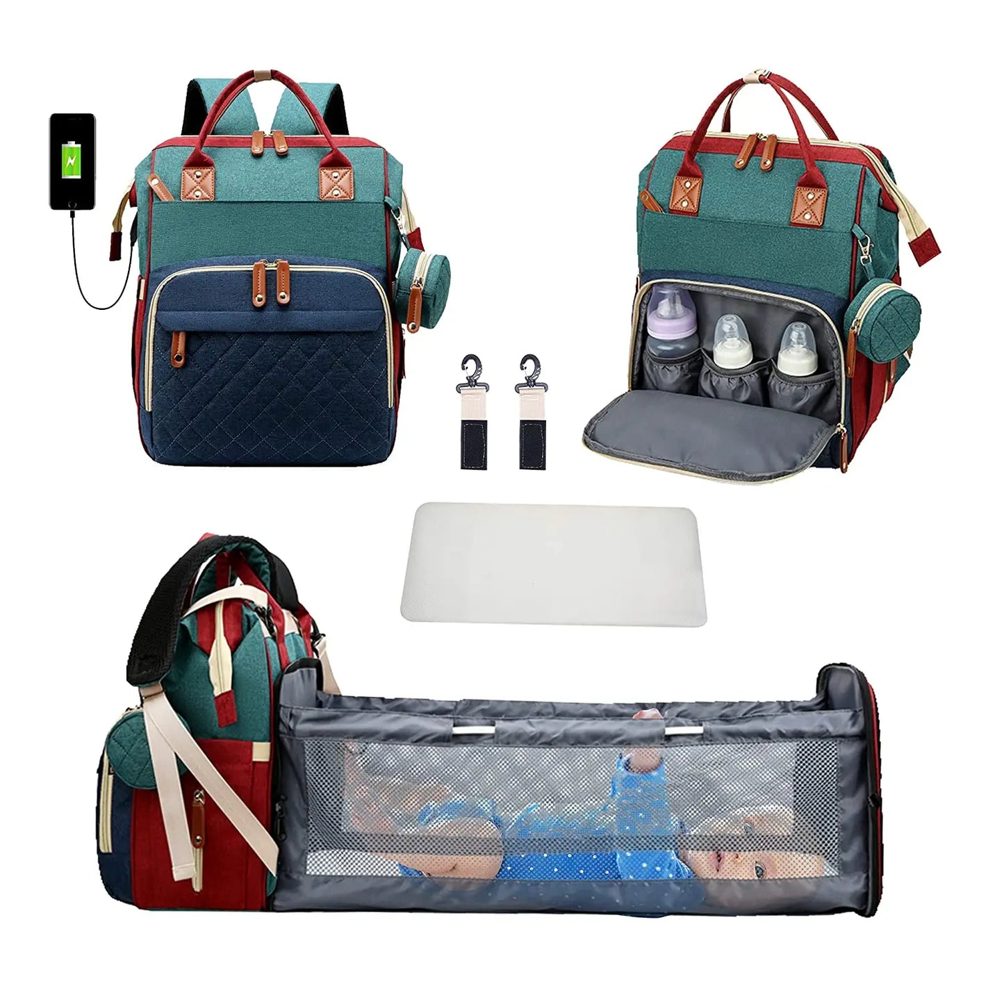 3-in-1 Diaper Bag Backpack with Foldable Baby Bed & USB Charging Port