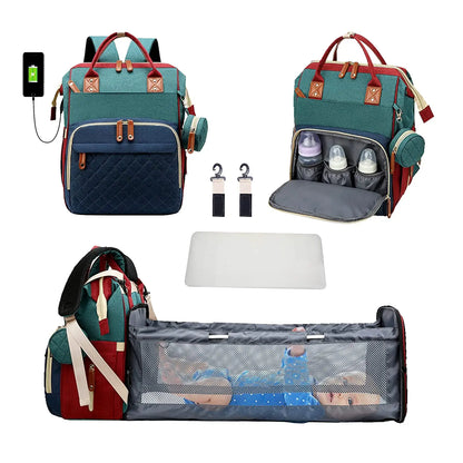 3-in-1 Diaper Bag Backpack with Foldable Baby Bed & USB Charging Port
