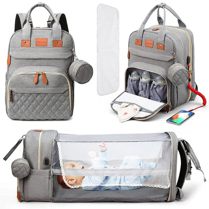 3-in-1 Diaper Bag Backpack with Foldable Baby Bed & USB Charging Port