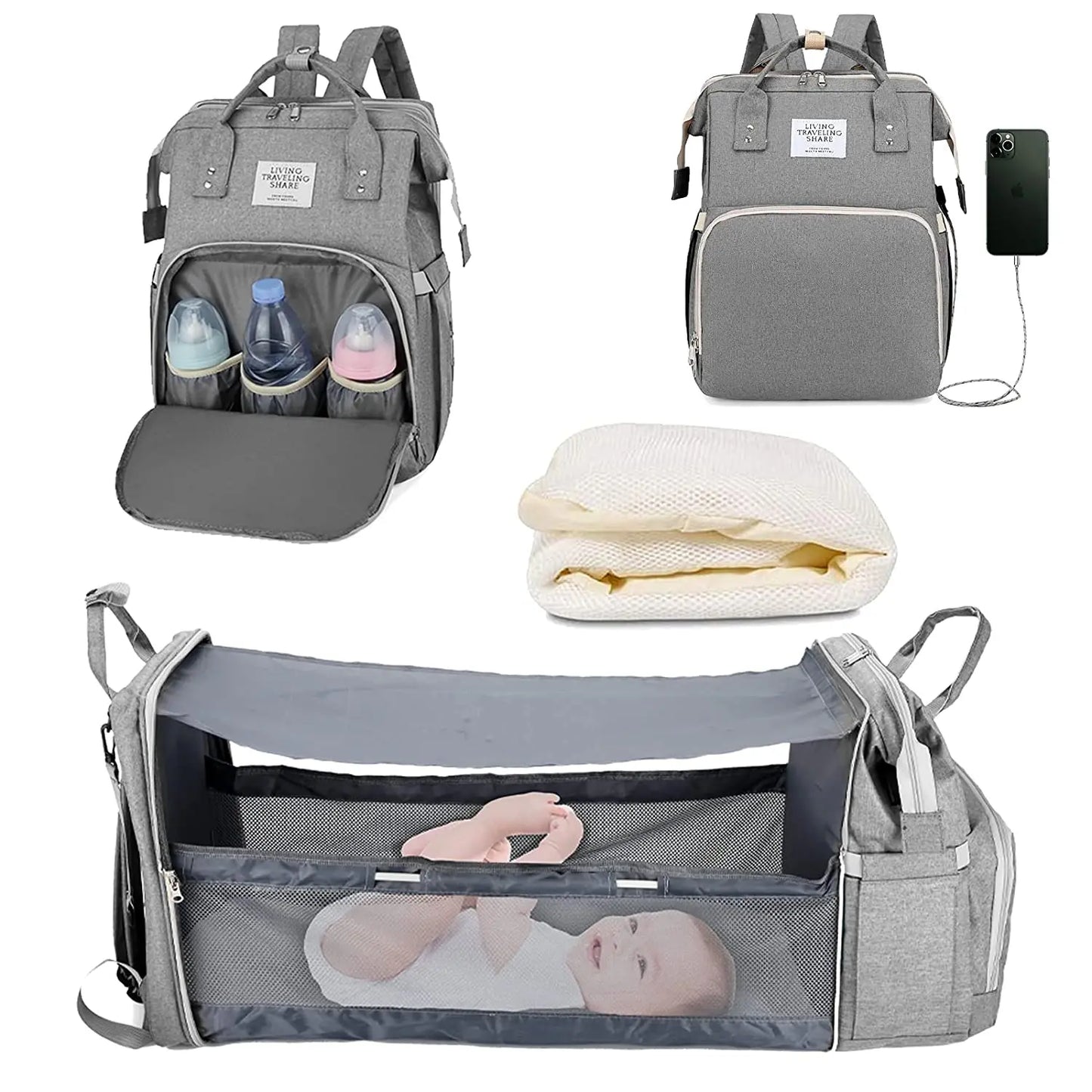 3-in-1 Diaper Bag Backpack with Foldable Baby Bed & USB Charging Port