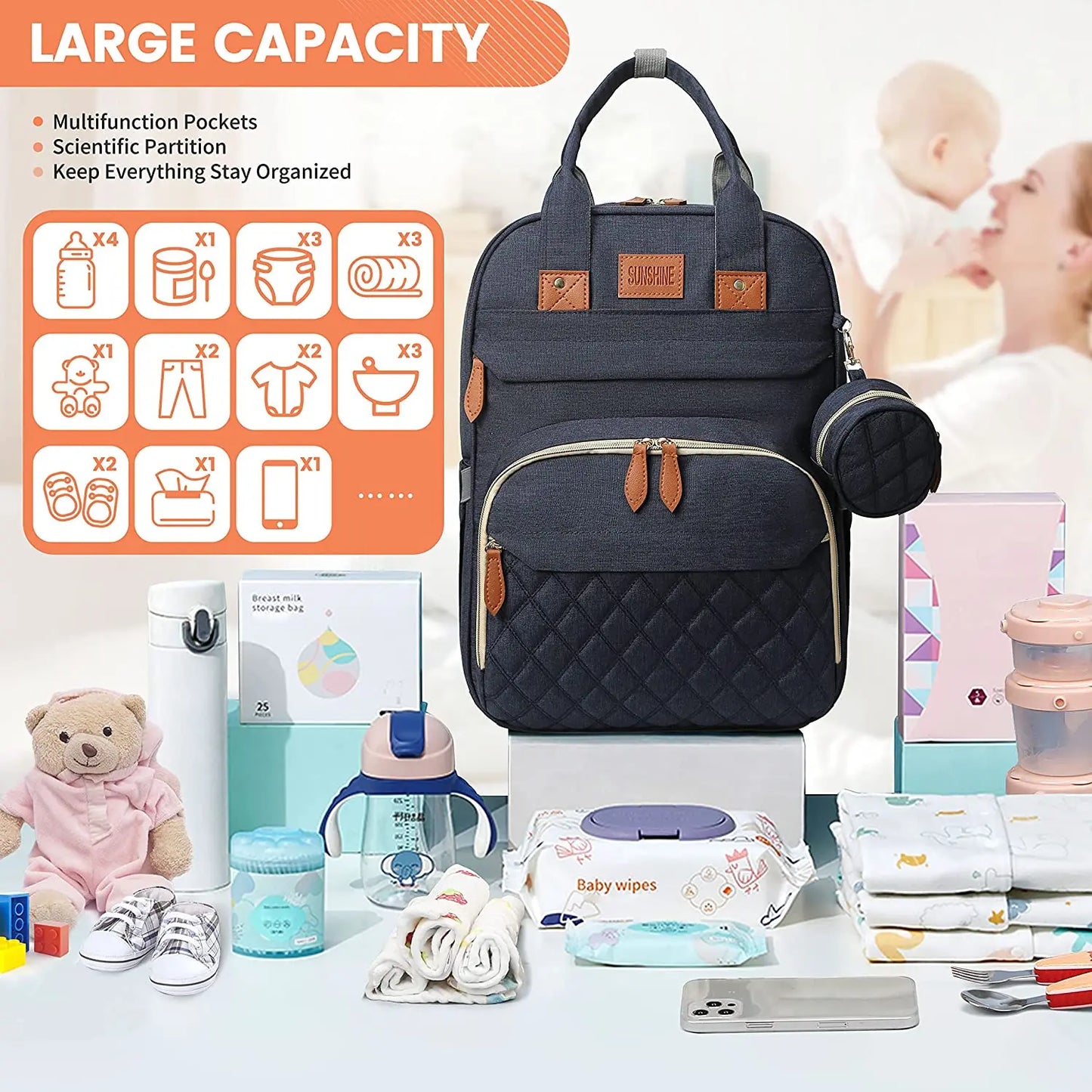 3-in-1 Diaper Bag Backpack with Foldable Baby Bed & USB Charging Port