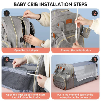 3-in-1 Diaper Bag Backpack with Foldable Baby Bed & USB Charging Port