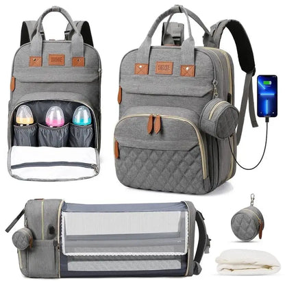 3-in-1 Diaper Bag Backpack with Foldable Baby Bed & USB Charging Port