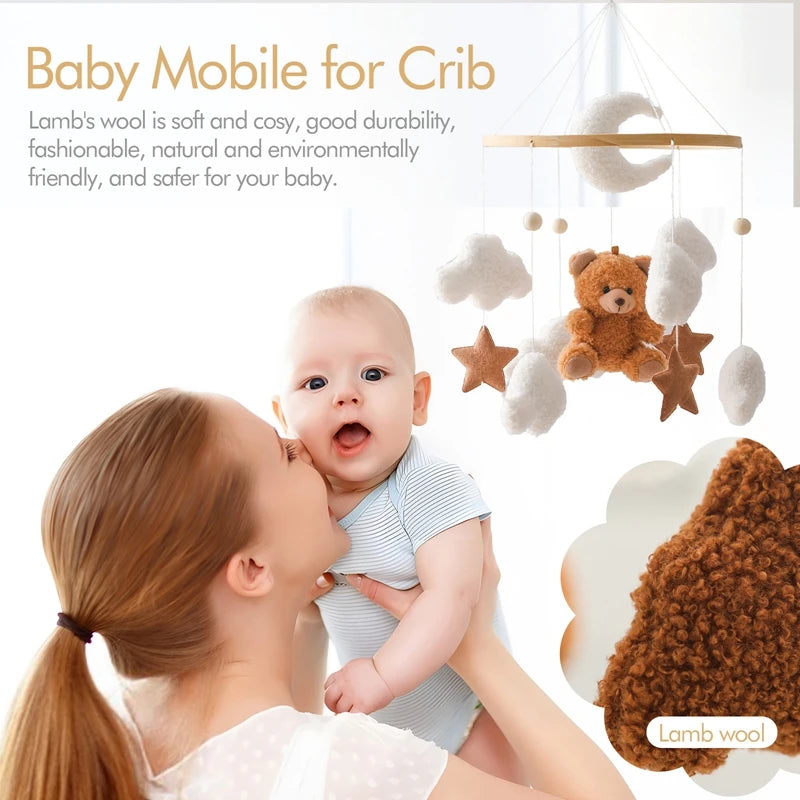 Velvet Bear Dreams™ - Wooden Baby Cot Mobile with Music Box
