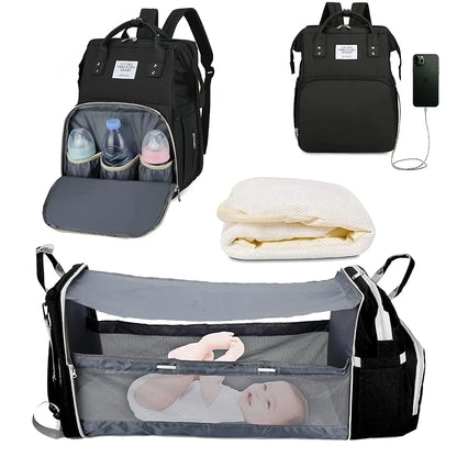 3-in-1 Diaper Bag Backpack with Foldable Baby Bed & USB Charging Port