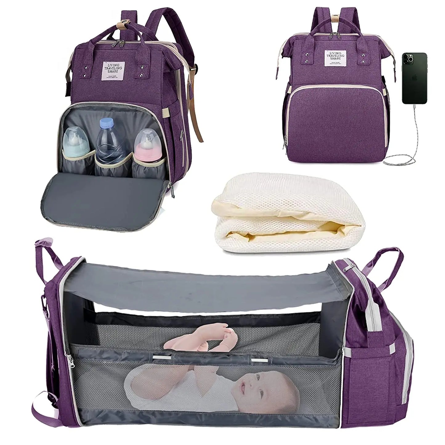 3-in-1 Diaper Bag Backpack with Foldable Baby Bed & USB Charging Port