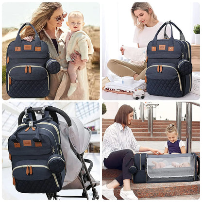 3-in-1 Diaper Bag Backpack with Foldable Baby Bed & USB Charging Port