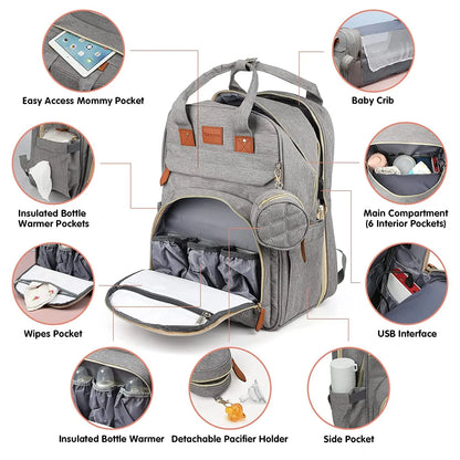 3-in-1 Diaper Bag Backpack with Foldable Baby Bed & USB Charging Port